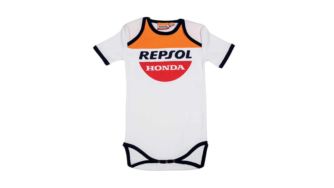 Babygro da Honda Repsol com as cores da Honda MotoGP e o logótipo da Repsol.