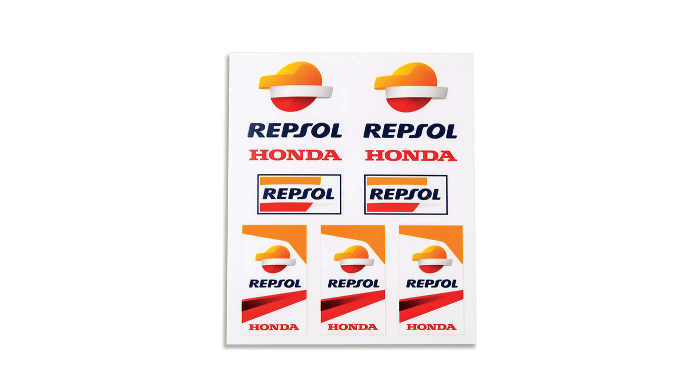 Conjunto de autocolantes da Honda Repsol em vinil com cores da Honda MotoGP e logótipo da Repsol.