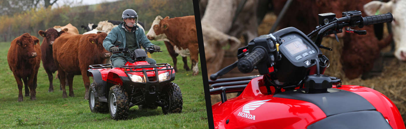 Left: Fourtrax 250 being used by model, field location. Right: Close up of handle bars.