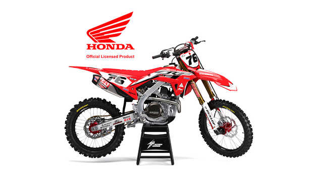Vista Lateral de moto Honda com kit de Autocolantes Factory Racing.