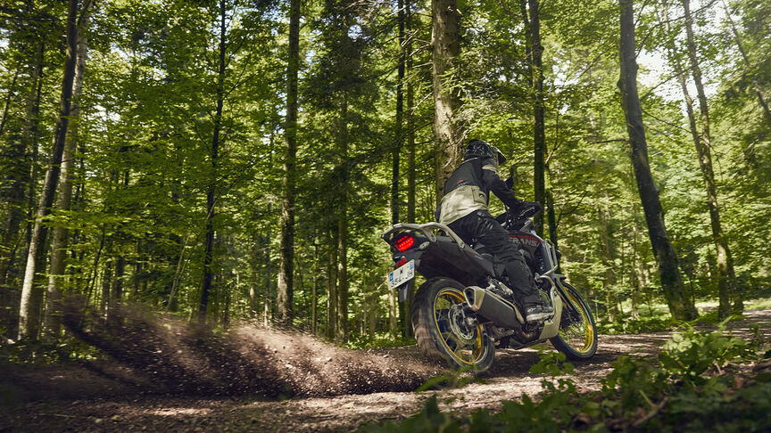 Modelo a conduzir uma moto XL750 Transalp num cenário florestal.