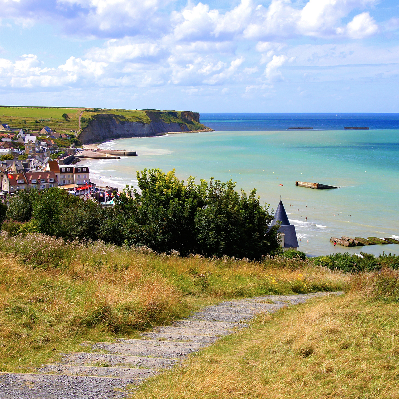 Vista das praias do Dia D em Arromanches les Bains, Normandia, França
