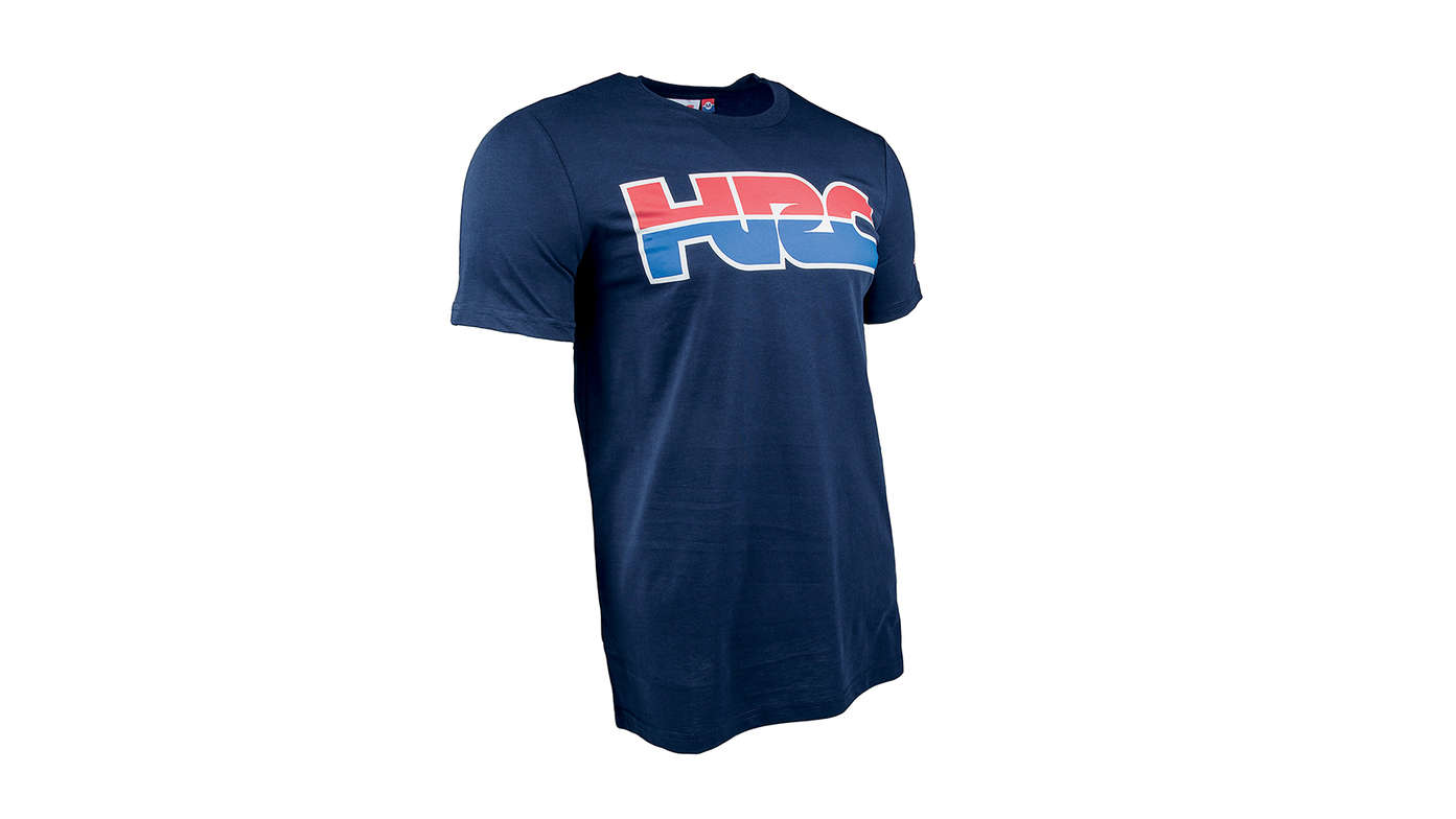 T-shirt de competição HRC azul com o logótipo da Honda Racing Corporation.