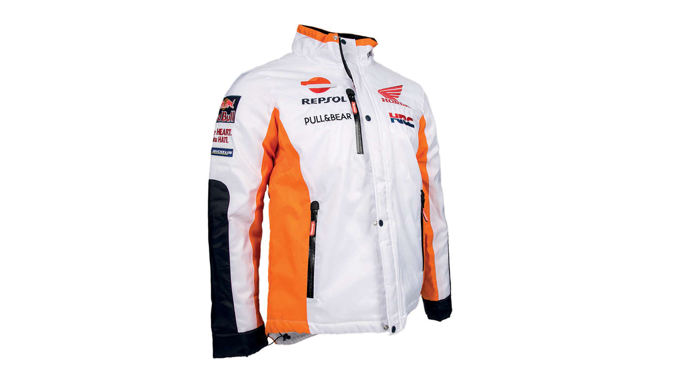 Casaco de inverno Honda branco com as cores da equipa de MotoGP e o logótipo da Repsol.
