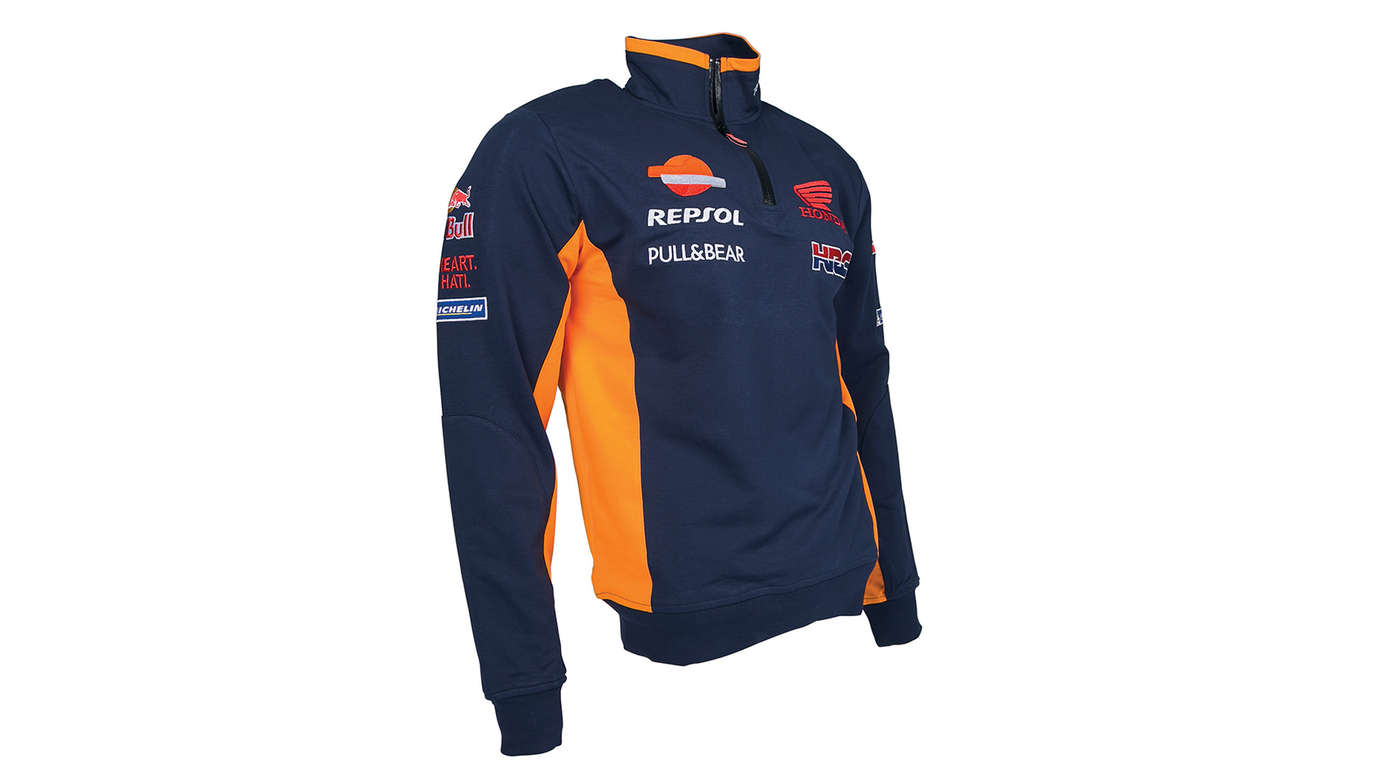 Sweatshirt Honda azul com cores da equipa de MotoGP e logótipo da Repsol.