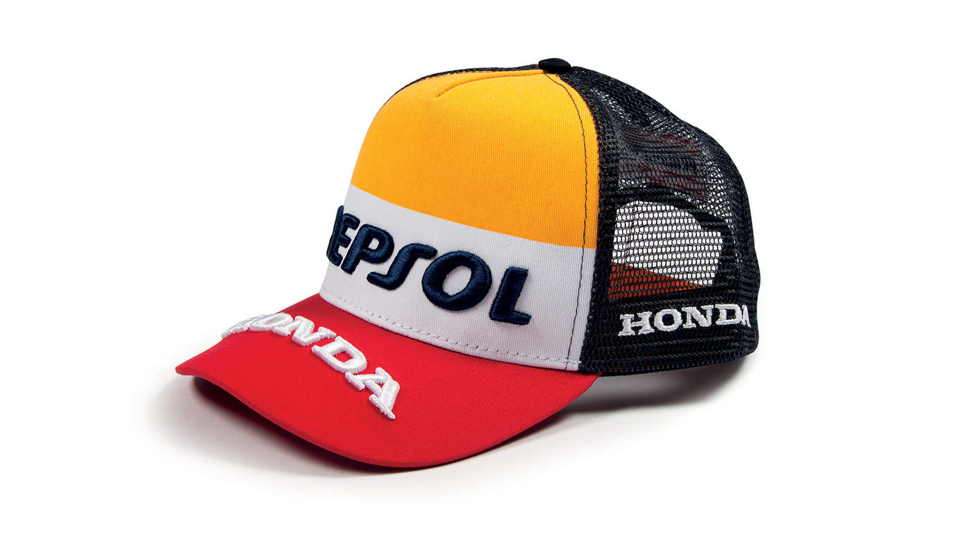 Boné em cores laranja, branco e vermelho da Honda MotoGP e com o logótipo Repsol.