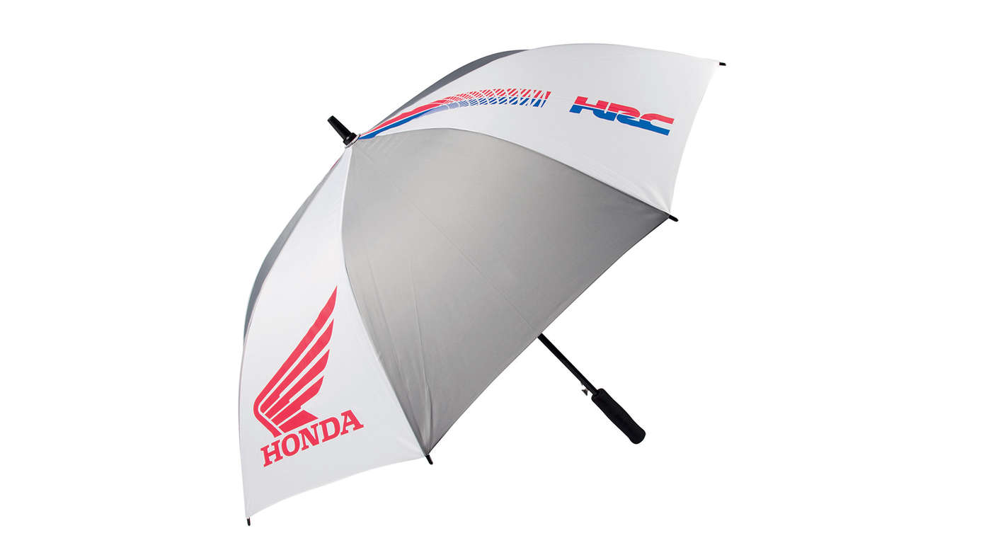 Guarda-chuva cinzento e branco da Honda HRC na cor da HRC com logótipo das asas da Honda.