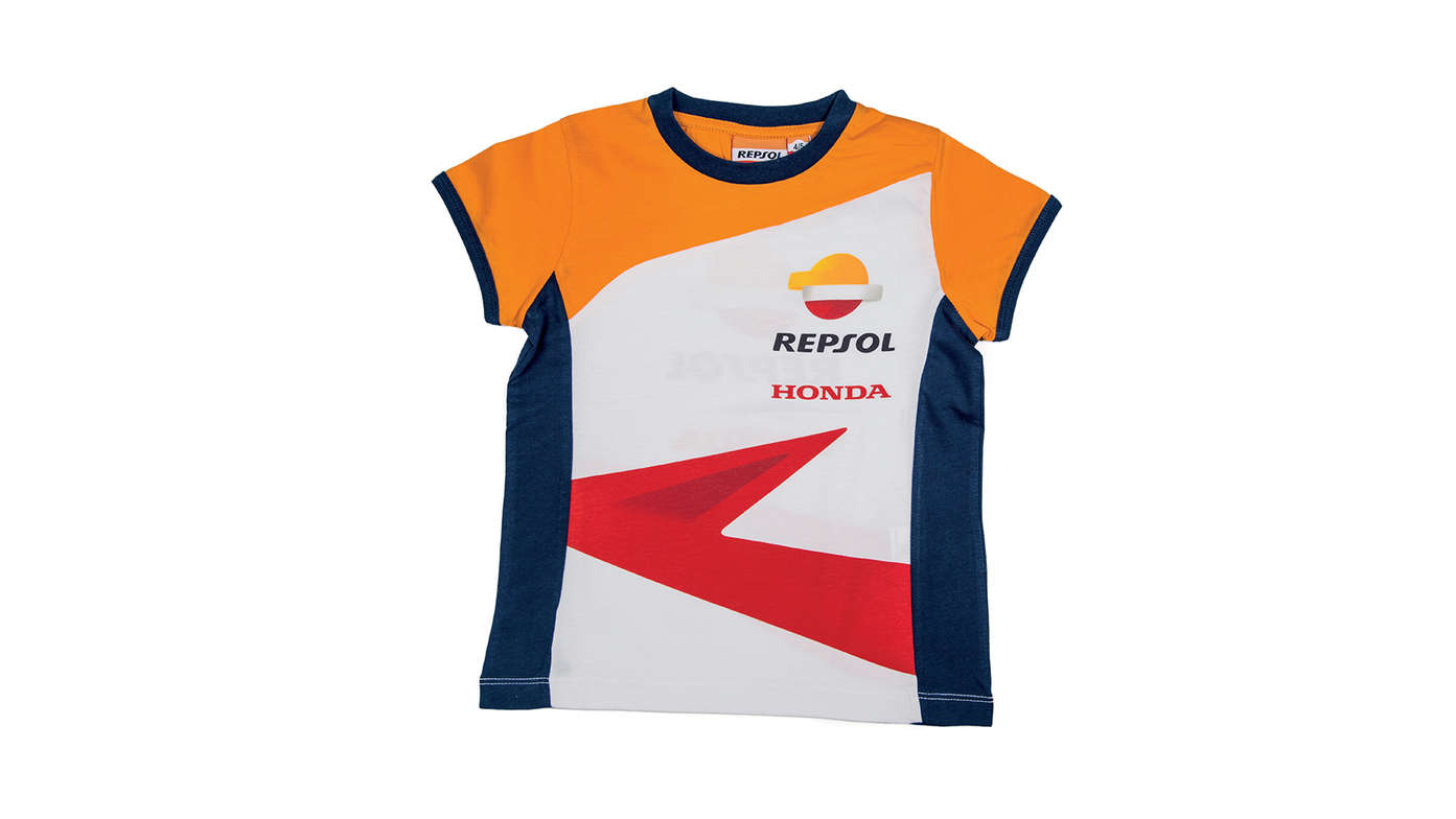 T-shirt para crianças da Honda Repsol com cores da Honda MotoGP e logótipo da Repsol.