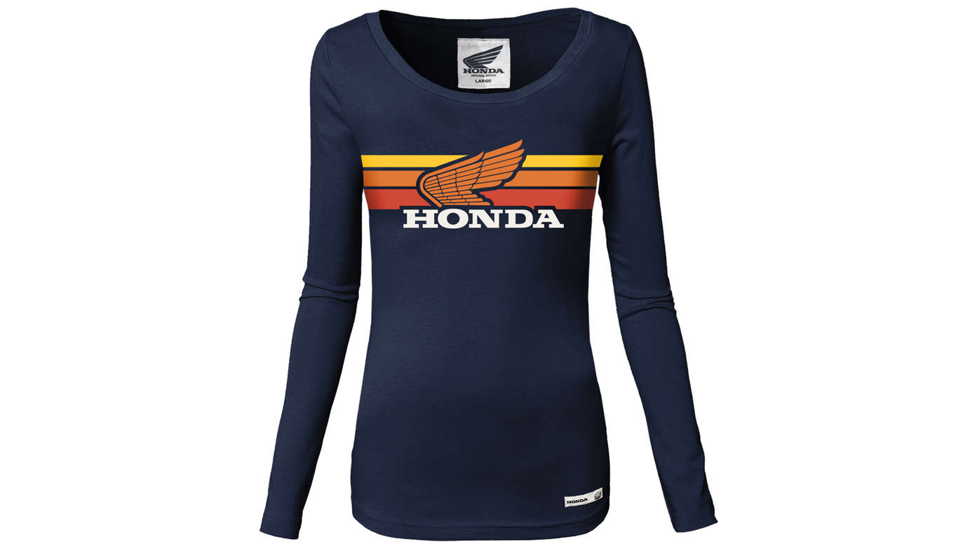 T-shirt Honda vintage azul-marinha de manga comprida para mulher. 