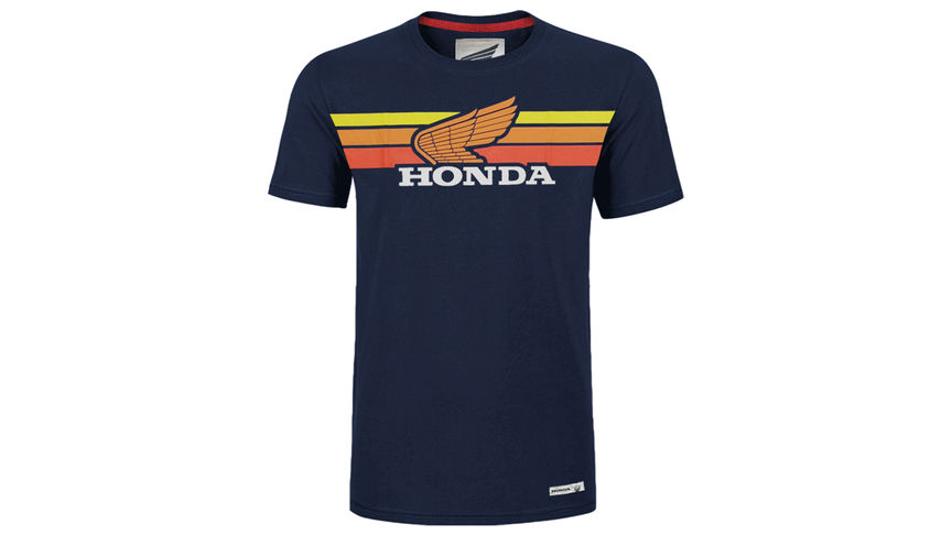 T-shirt Honda vintage azul-marinha e pôr-do-sol.
