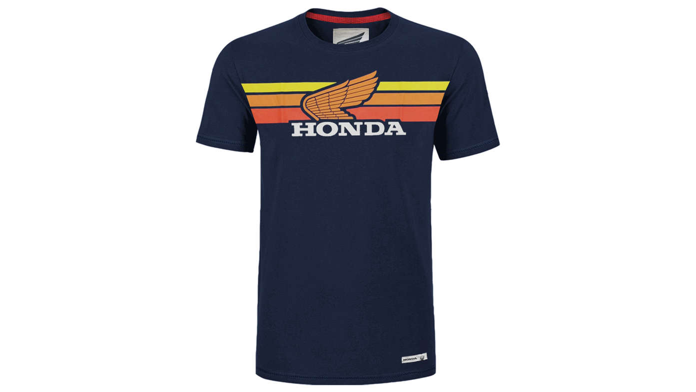 T-shirt Honda vintage azul-marinha e pôr-do-sol.