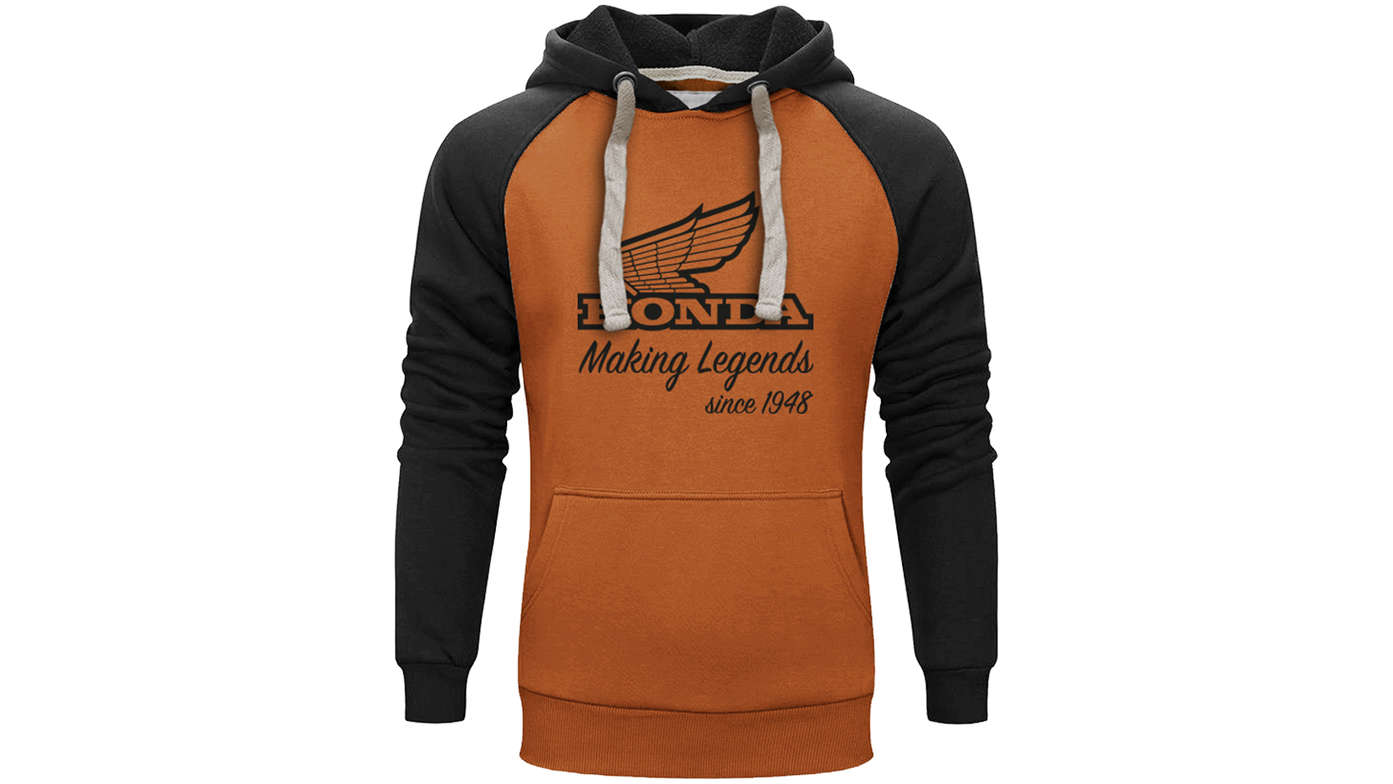 Casaco com capuz Honda vintage cor-de-laranja e preto. 