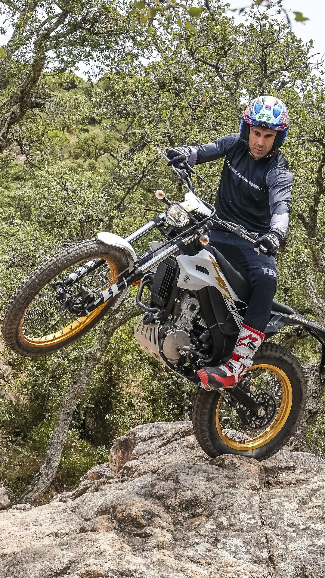 Motociclista a levantar a roda dianteira de uma moto Montesa 4RIDE num caminho florestal rochoso.