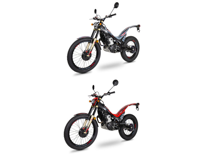 Honda Montesa Cota 301RRR vista a 3 quartos da frente lateral esquerda Fighting Red e Sonic Grey