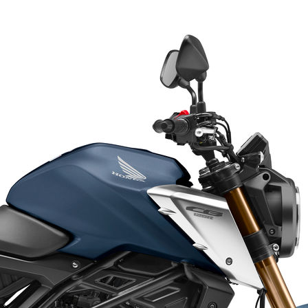 Honda CB125R, lado direito, zoom no depósito e guiador, fotografia de estúdio, moto azul