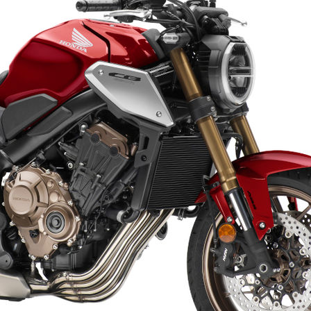 Fotografia de estúdio da CB650R Neo Sports Café, lado direito, zoom no motor e na roda dianteira